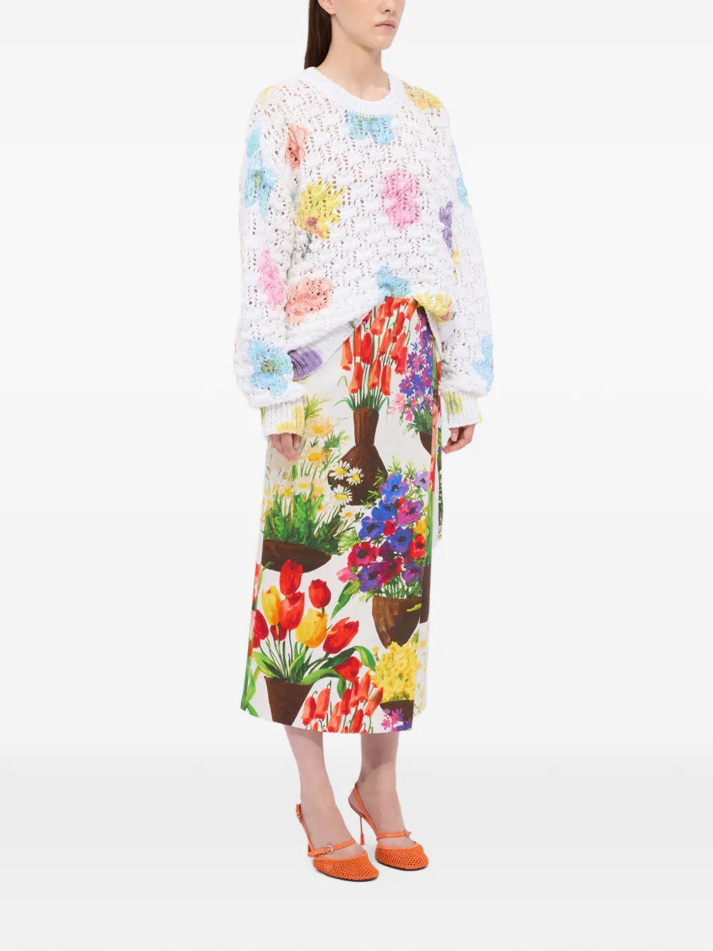  Msgm Falda Midi Con Estampado Floral - Blanco 