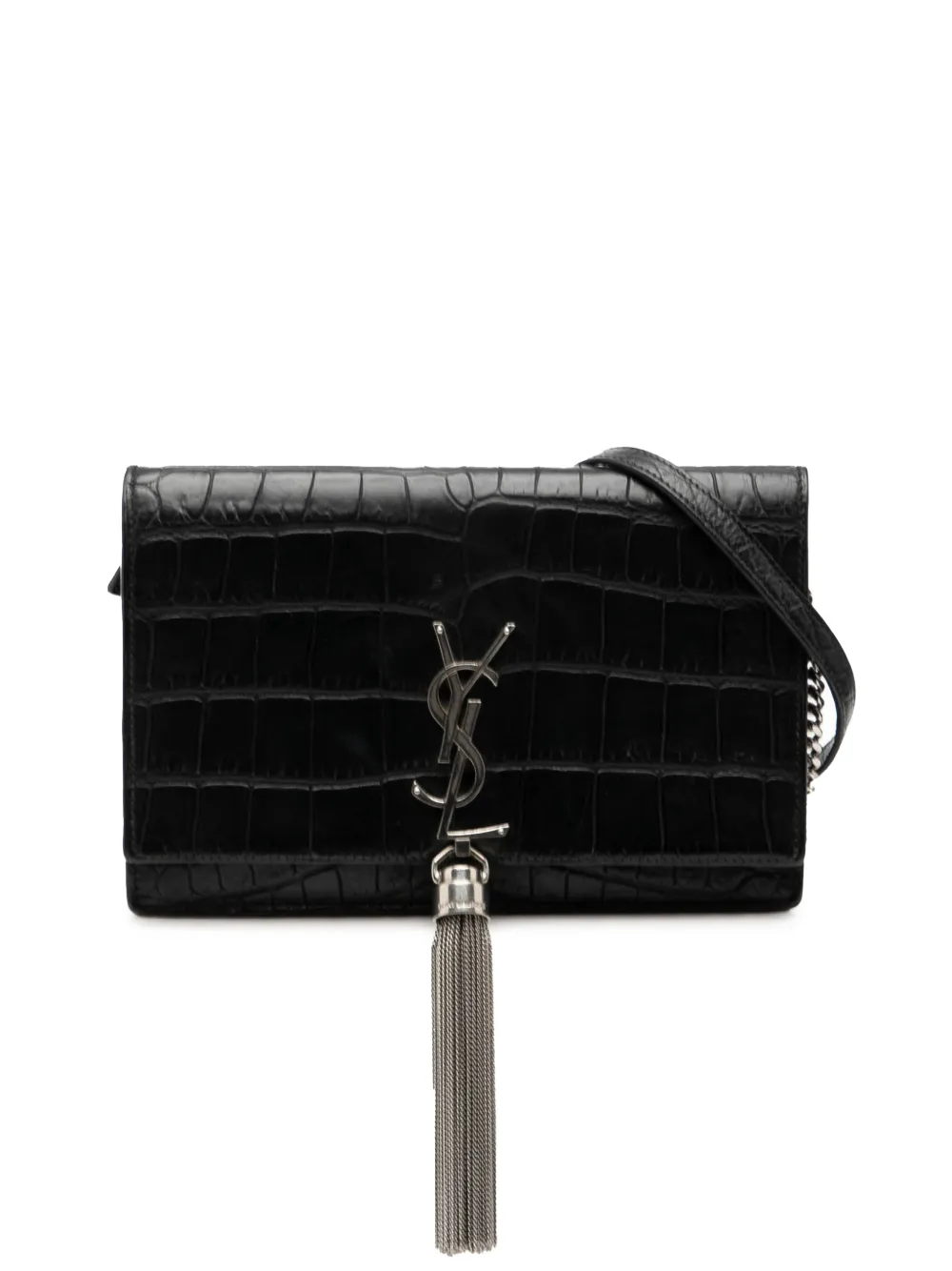 Saint Laurent Pre-Owned 2016 Croc Embossed Leather Monogram Kate Tassel Wallet on Chain crossbody bag - Nero