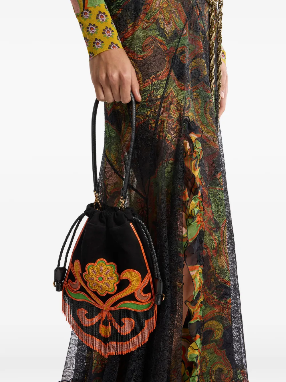 ETRO Kleine suède Kalispera tas met kralen en franjes Zwart