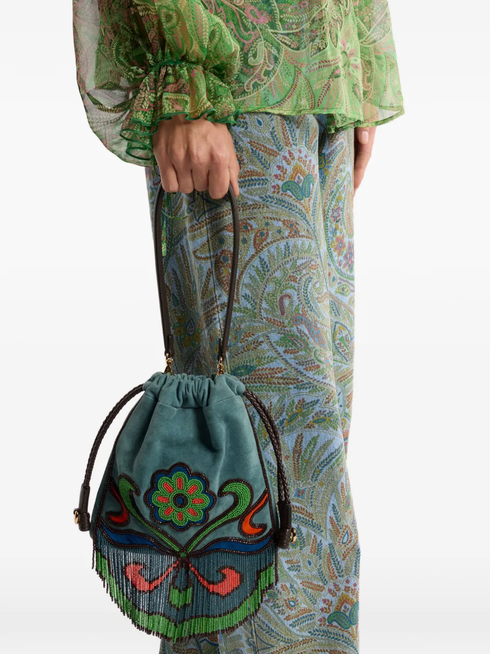 ETRO Kleine Kalispera suède tas met kralen en franje Blauw
