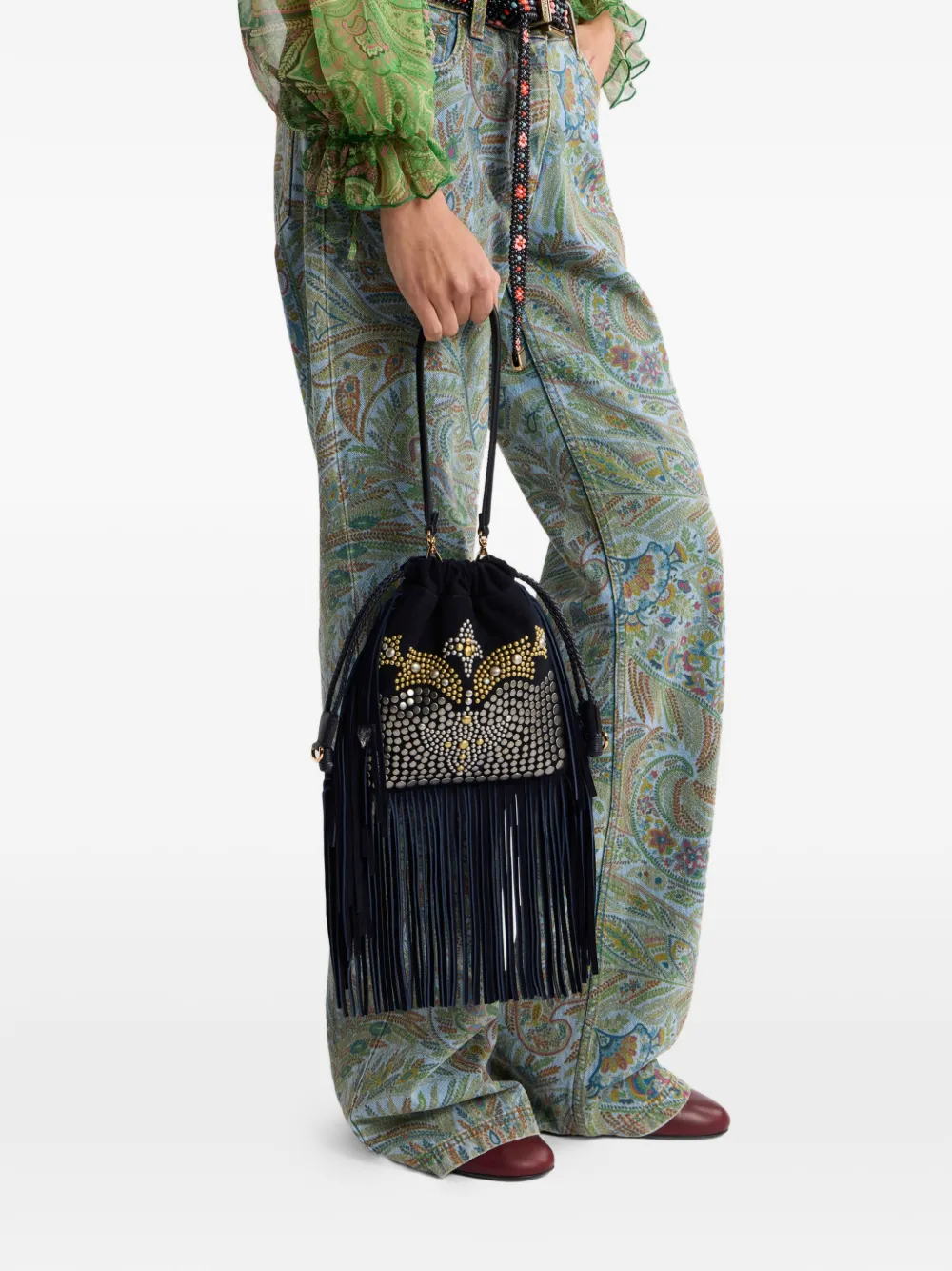 ETRO Kalispera kleine bucket-tas met franje en studs Blauw