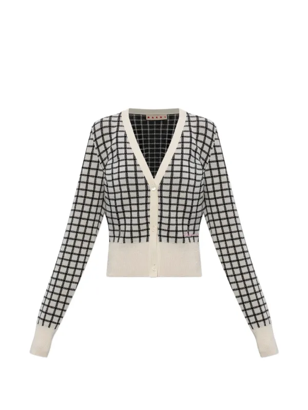 Marni Checked V-neck Cardigan in Neutrals