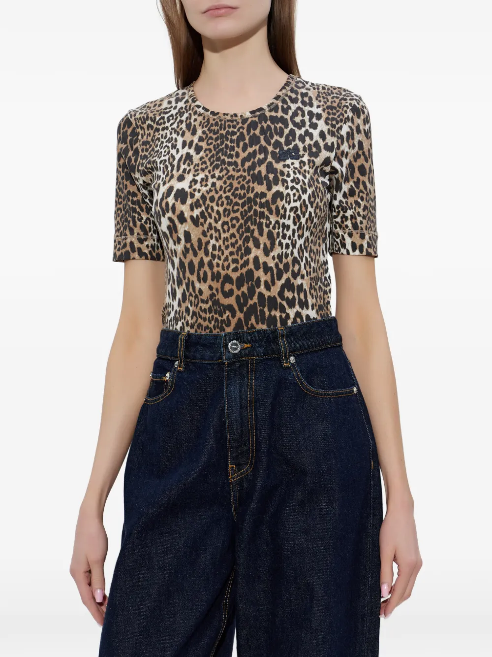  Ganni Leopard-print Logo T-shirt - Neutrals 