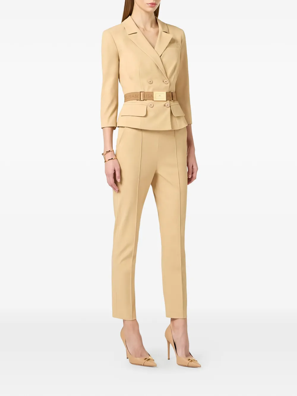 Elisabetta Franchi Jack met ceintuur en dubbele rij knopen Beige