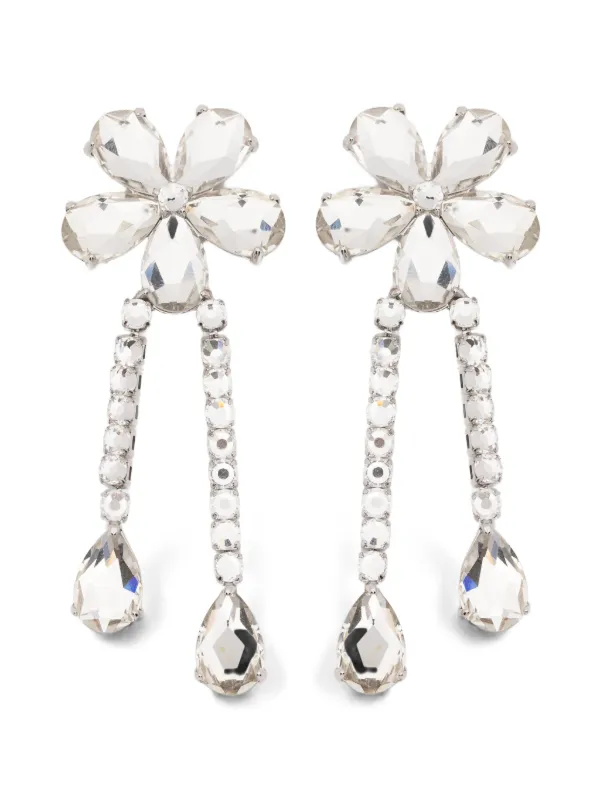Self-Portrait Crystal Flower Droplet Earrings in Silver
