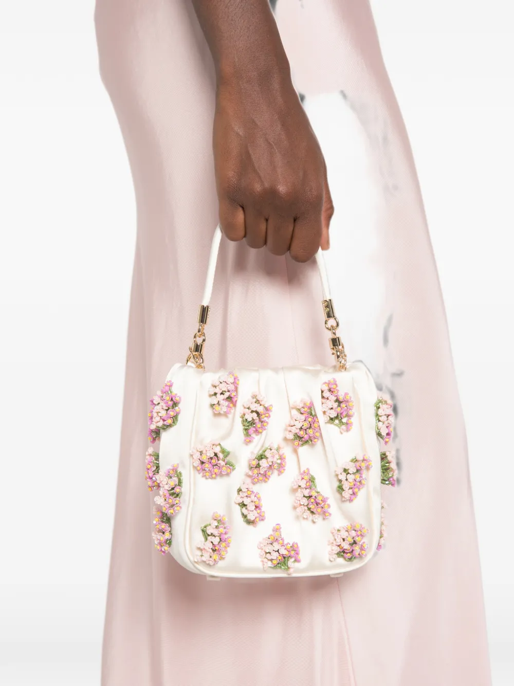Self-Portrait Satijnen shopper met kralen en bloemen Beige