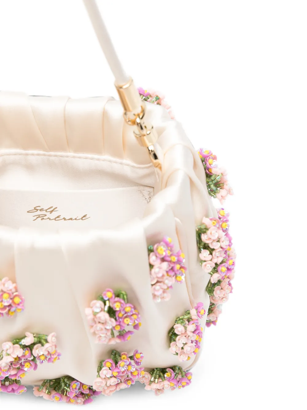 Self-Portrait Satijnen shopper met kralen en bloemen Beige