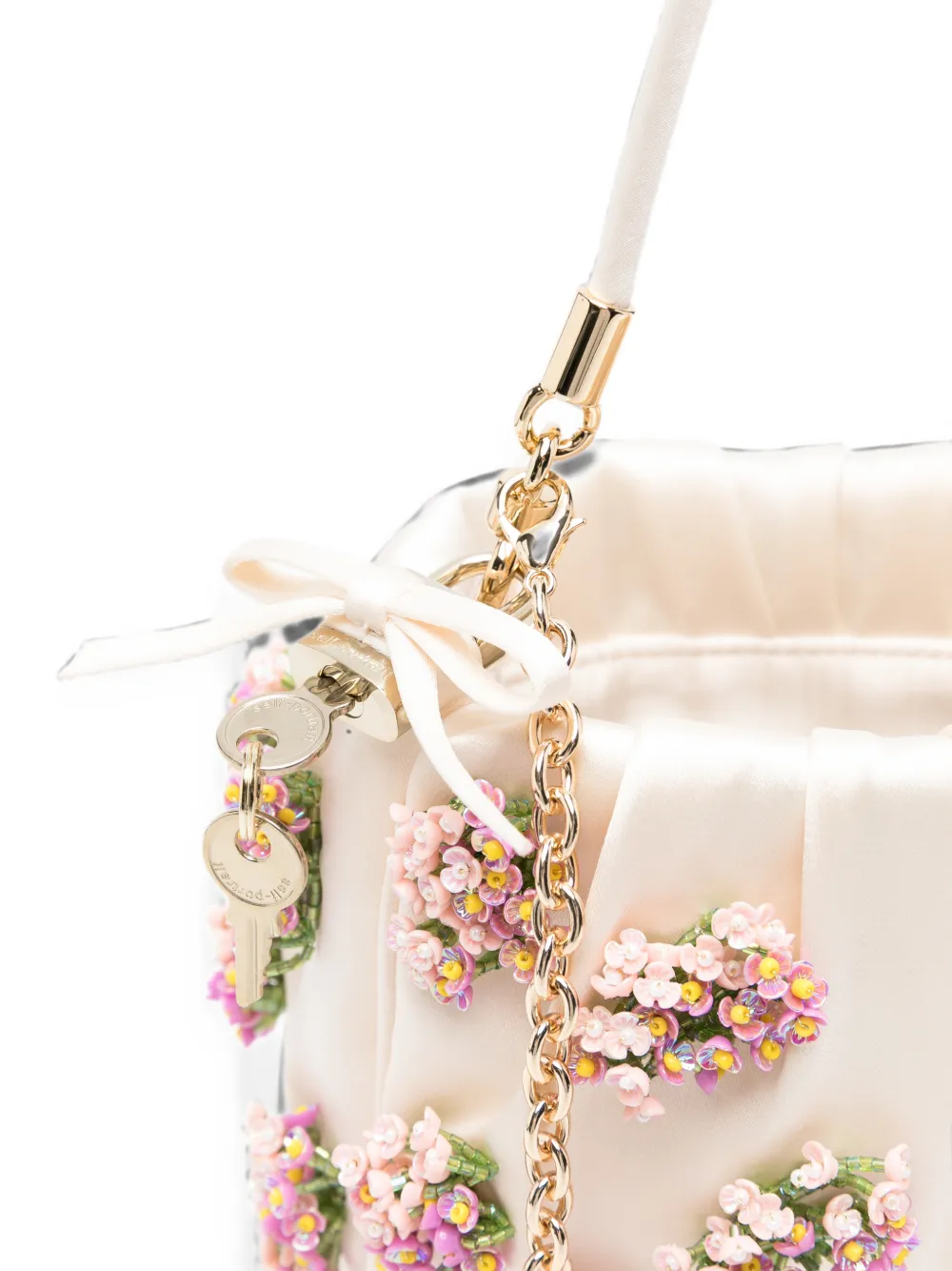Self-Portrait Satijnen shopper met kralen en bloemen Beige