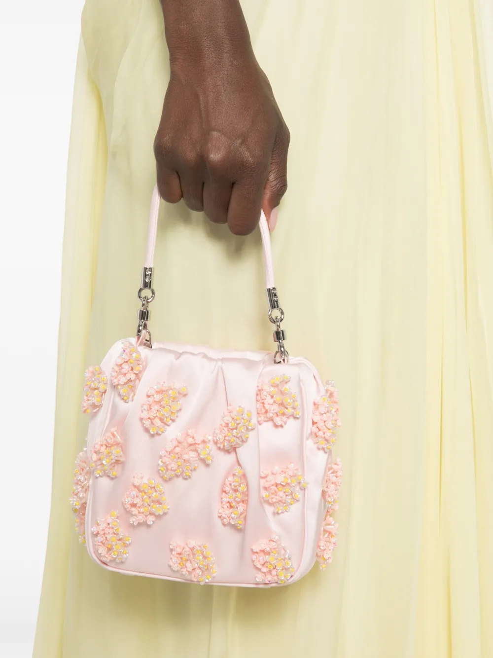 Self-Portrait Satin Floral Beaded Tote Bag in Pink, view 2