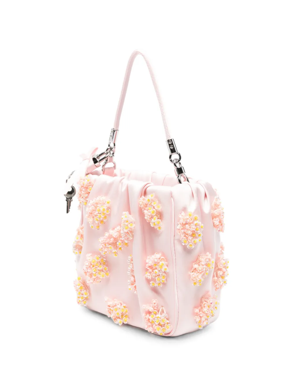 Self-Portrait Satin Floral Beaded Tote Bag in Pink, view 3