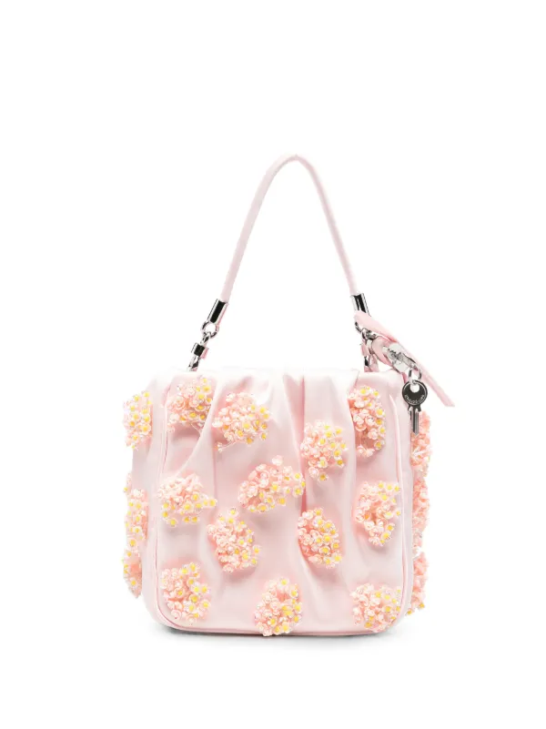 Self-Portrait Satin Floral Beaded Tote Bag in Pink