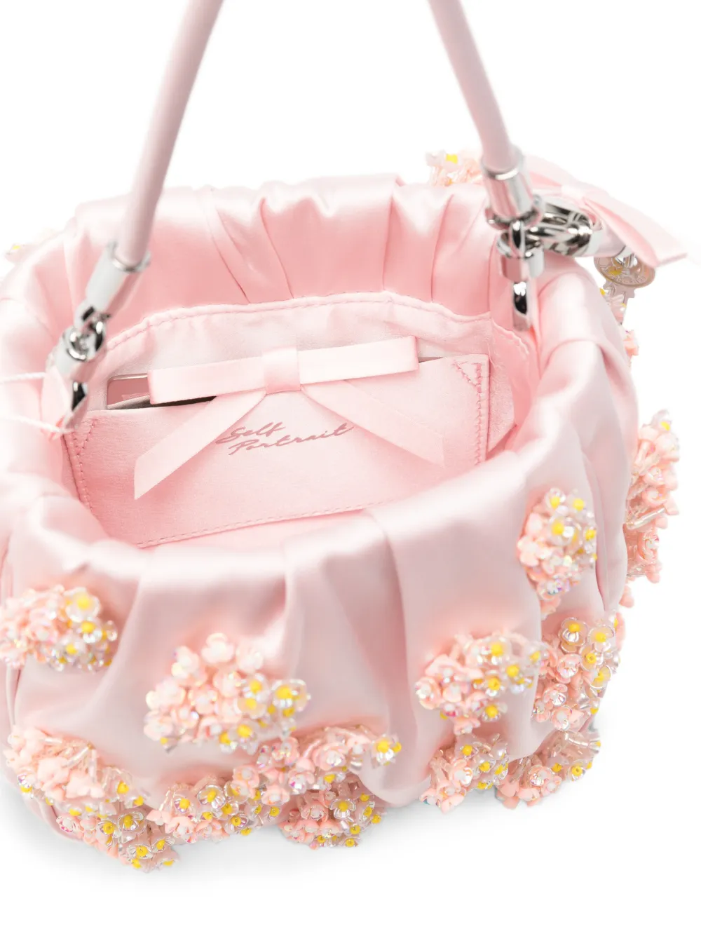 Self-Portrait Satin Floral Beaded Tote Bag in Pink, view 5