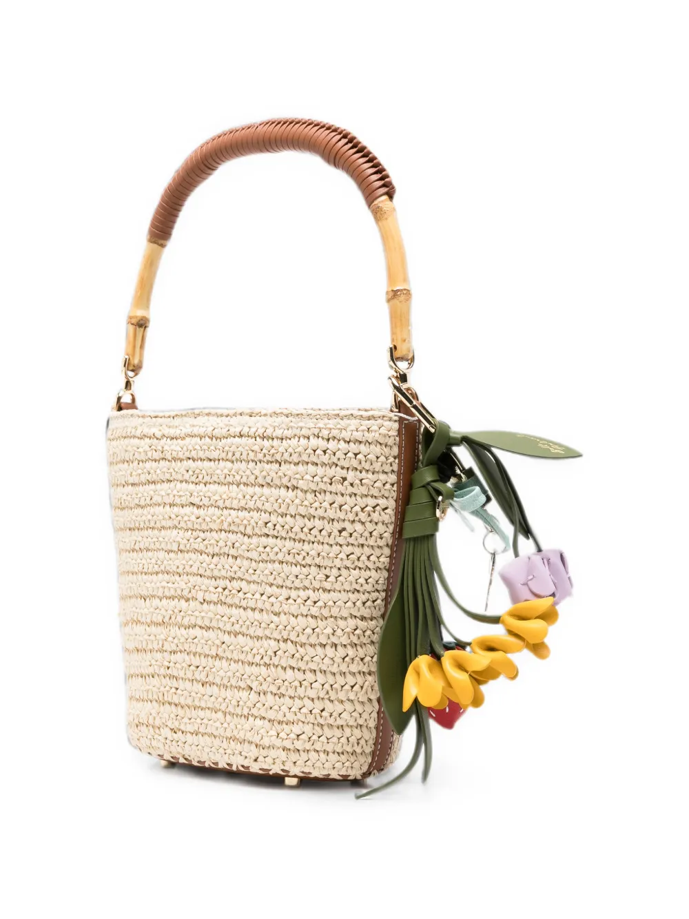 Self-Portrait Bucket-tas met raffia bedel Beige
