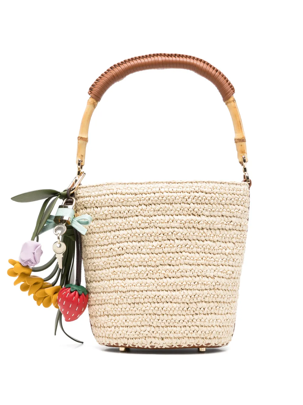 Self-Portrait raffia charm bucket bag - Nude