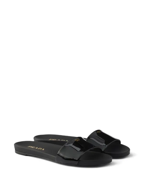 Prada Logo Patent Leather Slides | Black | FARFETCH