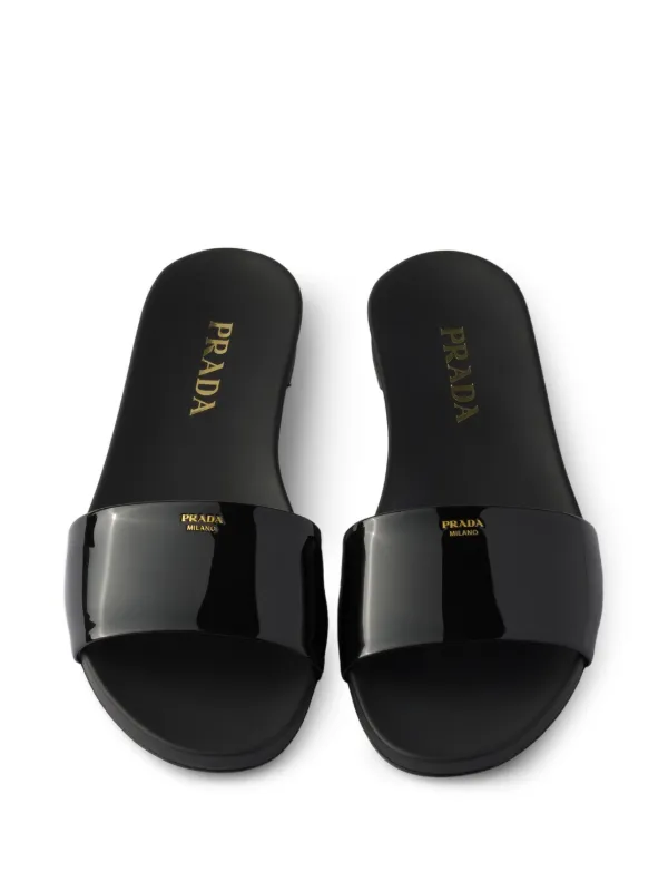 Prada Logo Patent Leather Slides | Black | FARFETCH