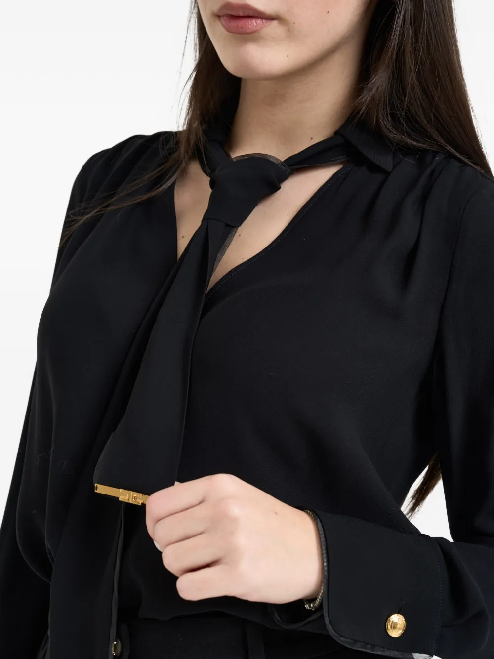Pussy-Bow Gold-Tone Button Shirt