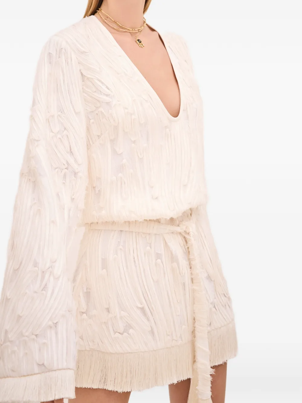  Alexis Jen Fringed V-neck Mini Dress - White 