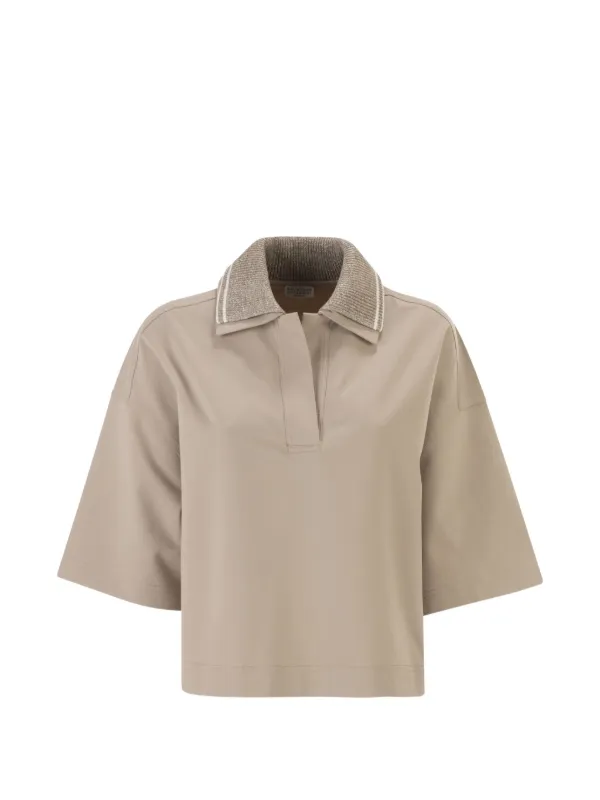 Brunello Cucinelli Techno Couture Fleece Polo Top in Neutrals