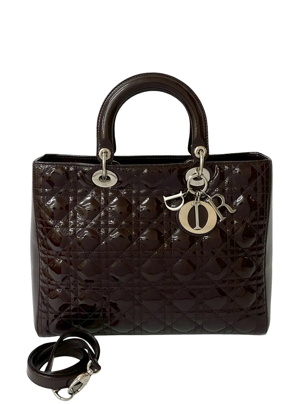 Christian Dior Pre-Owned Borsa a tracolla Lady Dior grande con finitura lucida e motivo Cannage 2000-2026 - Marrone