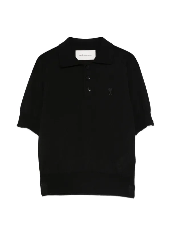 Ami Paris Wool Short Sleeves Ami De Coeur Polo in Black