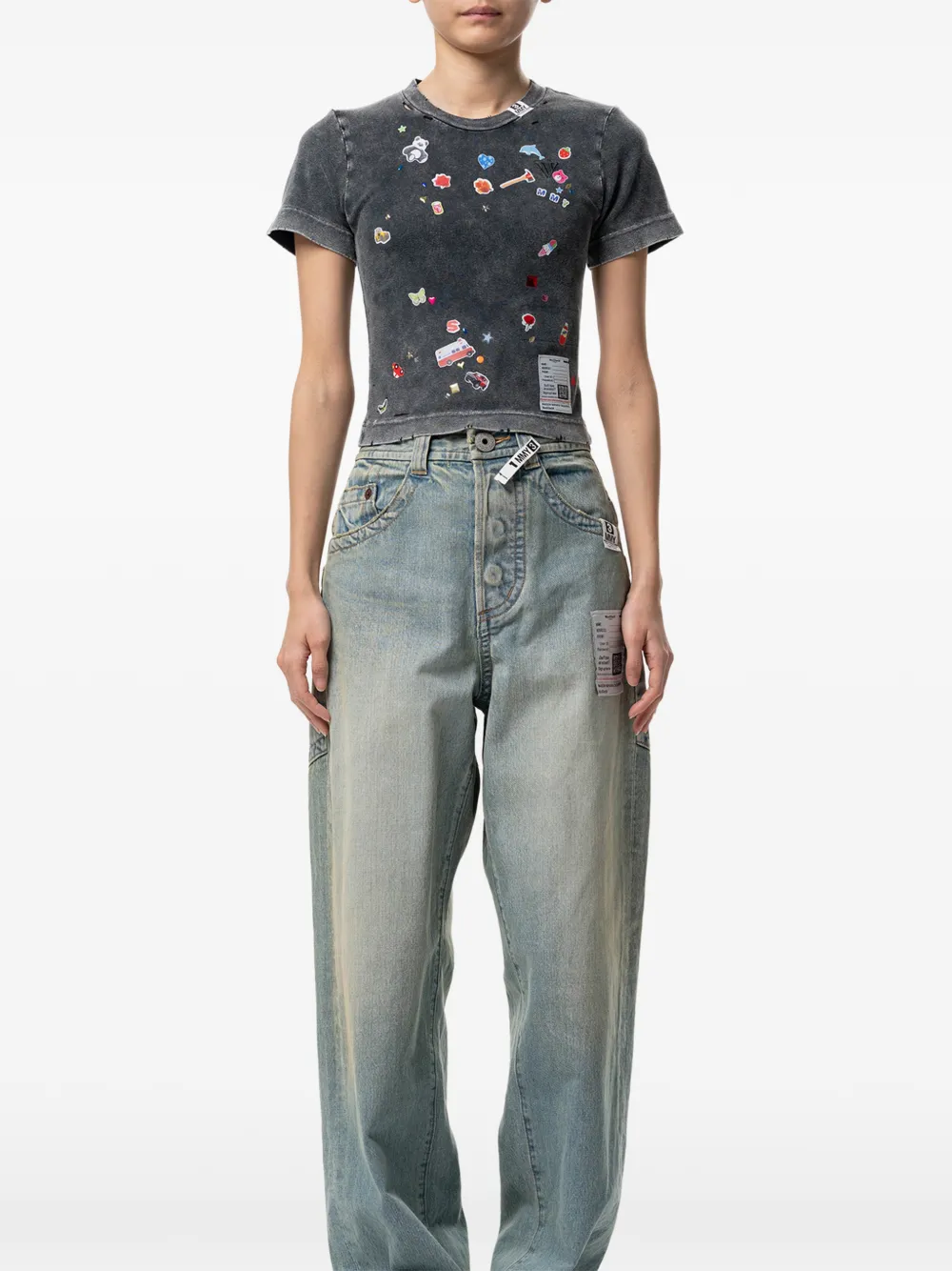 Maison MIHARA YASUHIRO Kids gebleekt T-shirt met stickerprint Grijs