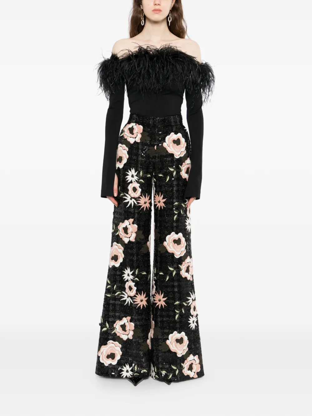 Elie Saab Broek met geborduurde bloemen Zwart