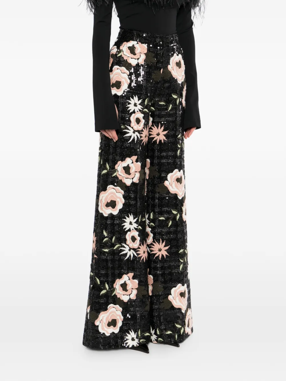 Elie Saab Broek met geborduurde bloemen Zwart