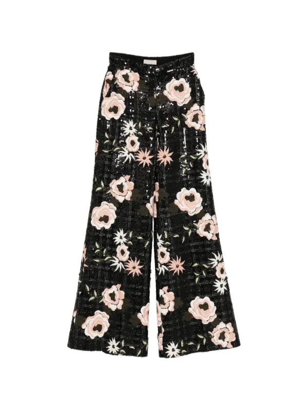 Elie Saab Floral-embroidered Flared Trousers in Black