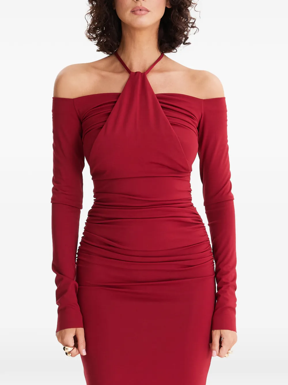 MOOS STUDIO Heatline off-shoulder maxi-jurk Rood