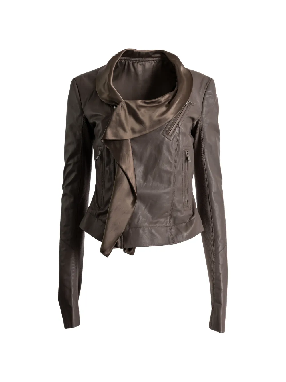 Rick Owens draped-detail zip-up leather jacket - Marrone