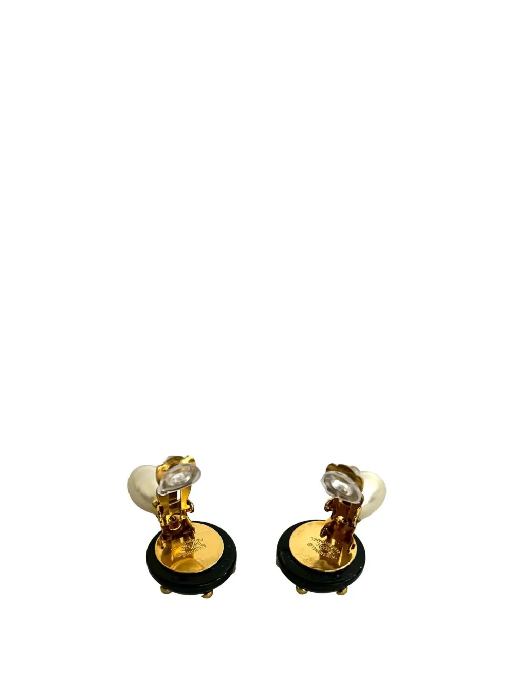  Chanel Pre-owned 1996 Cc Gold Plated Resin And Faux Pearl Drop Clip On Earrings Costume Earrings - Black 