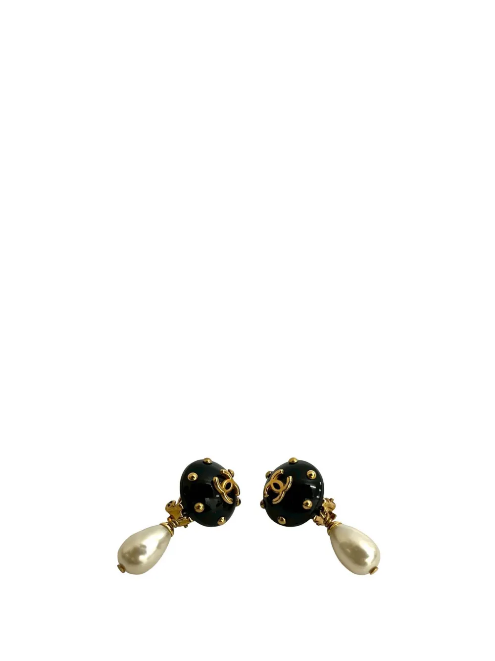 CHANEL Pre-Owned 1996 CC Gold Plated Resin and Faux Pearl Drop Clip On Earrings costume earrings - Nero