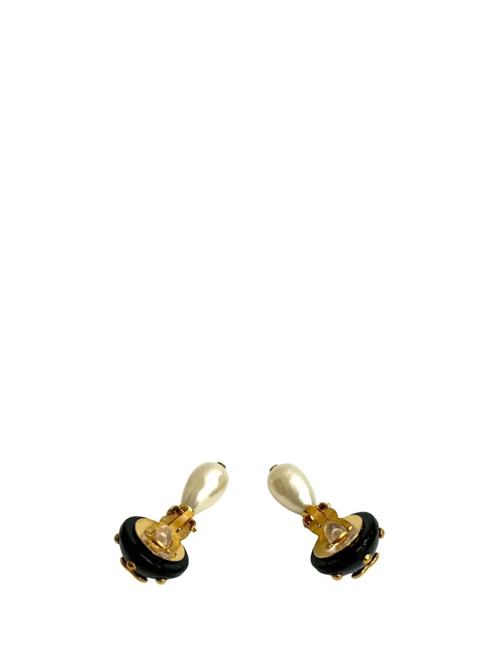  Chanel Pre-owned 1996 Cc Gold Plated Resin And Faux Pearl Drop Clip On Earrings Costume Earrings - Black 