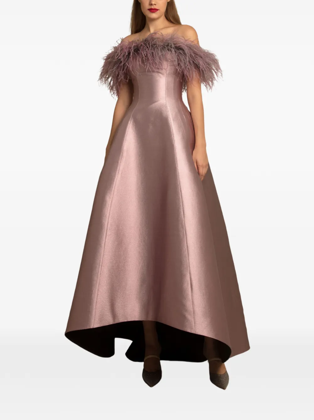 Gemy Maalouf Off-shoulder maxi-jurk met veren Roze