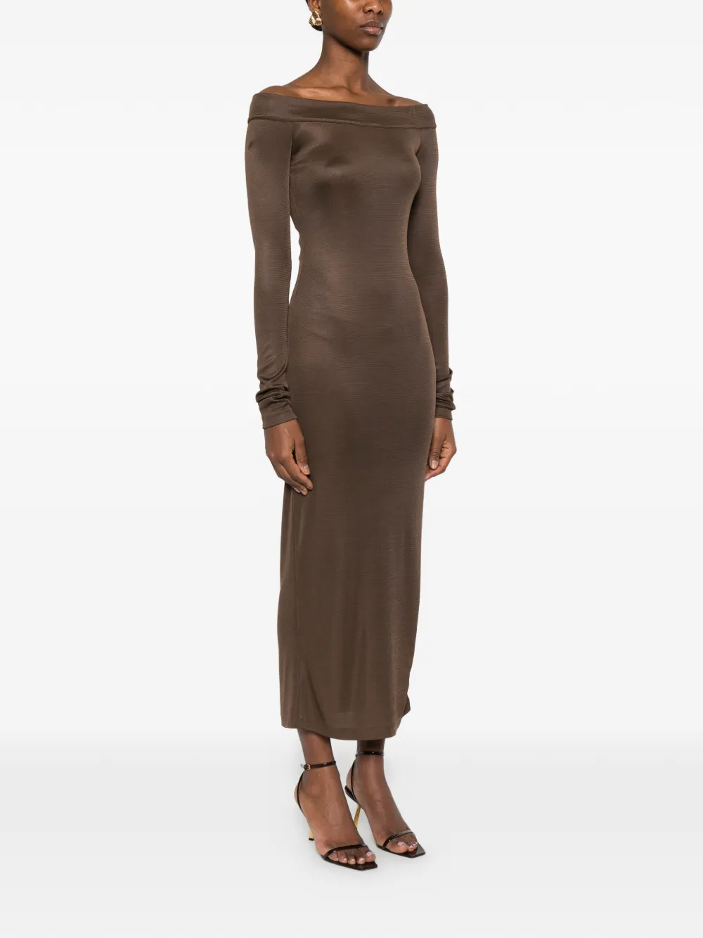  The Andamane Off-shoulder Long-sleeve Dress - Brown 