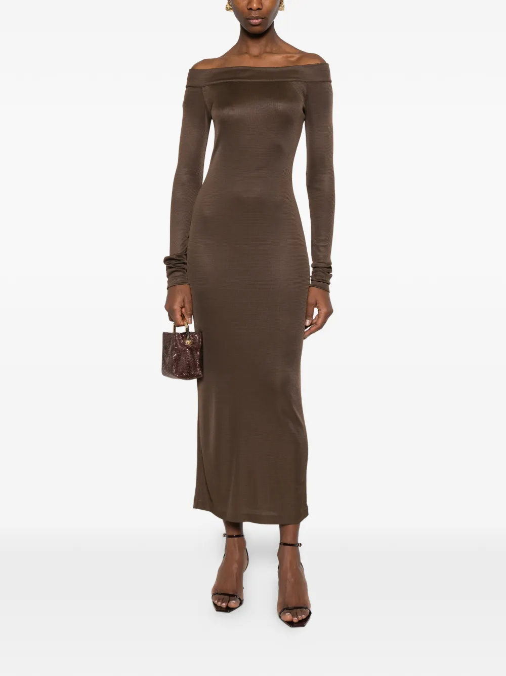  The Andamane Off-shoulder Long-sleeve Dress - Brown 