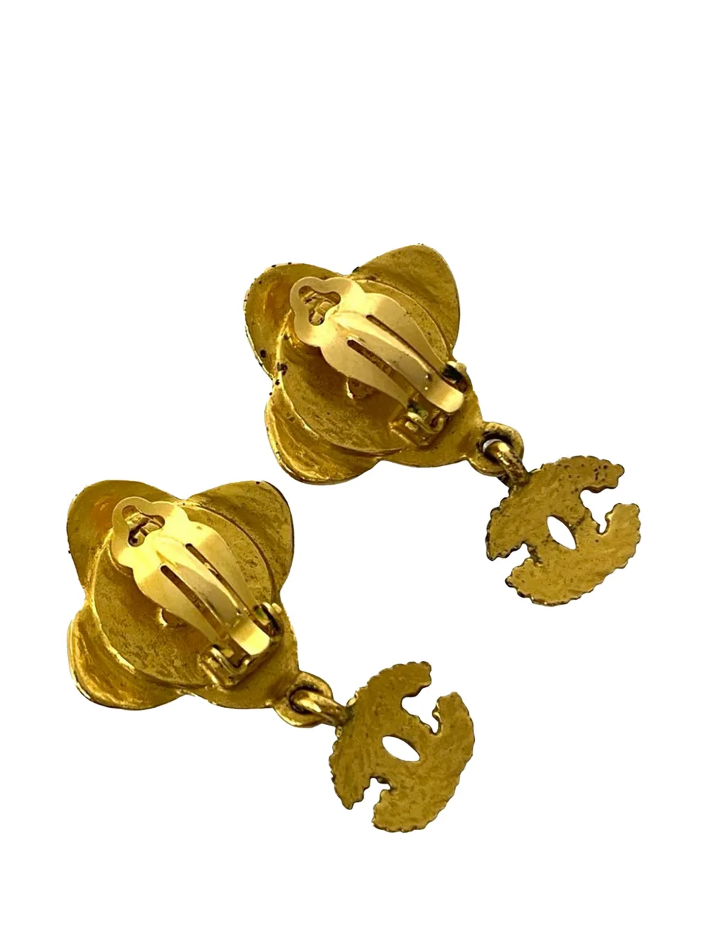  Chanel Pre-owned Boucles D'oreilles Fantaisie Pendantes Gripoix En Plaqué Or En Forme De Fleur à Logo Cc Et Fermoir Clip (1996) - Noir 