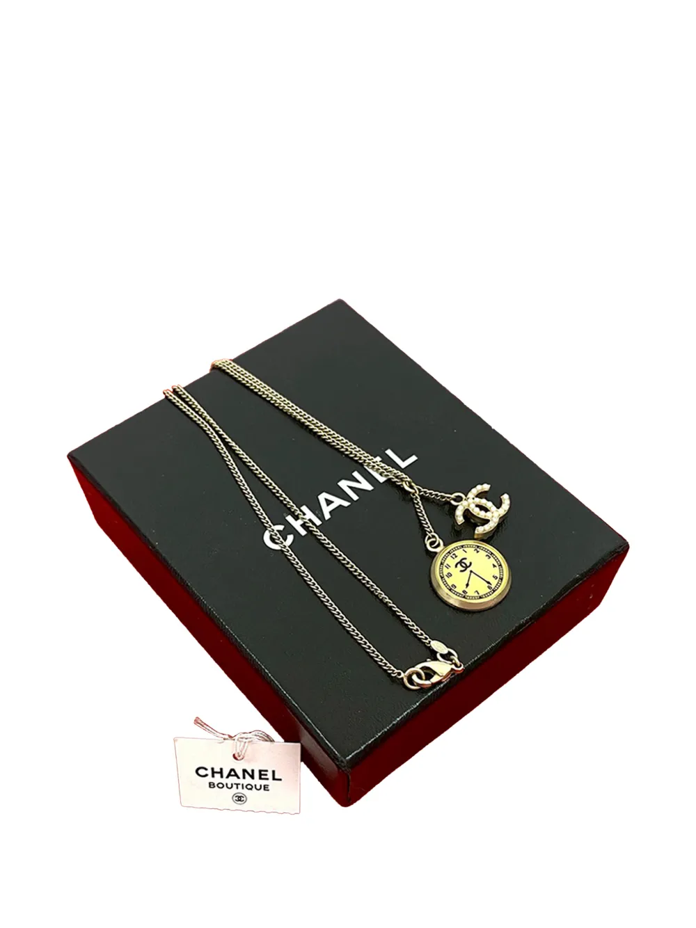 2007 Cc Gold Plated Faux Pearl Clock Pendant Necklace Costume Necklace
