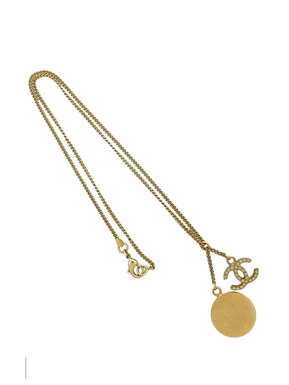 2007 Cc Gold Plated Faux Pearl Clock Pendant Necklace Costume Necklace