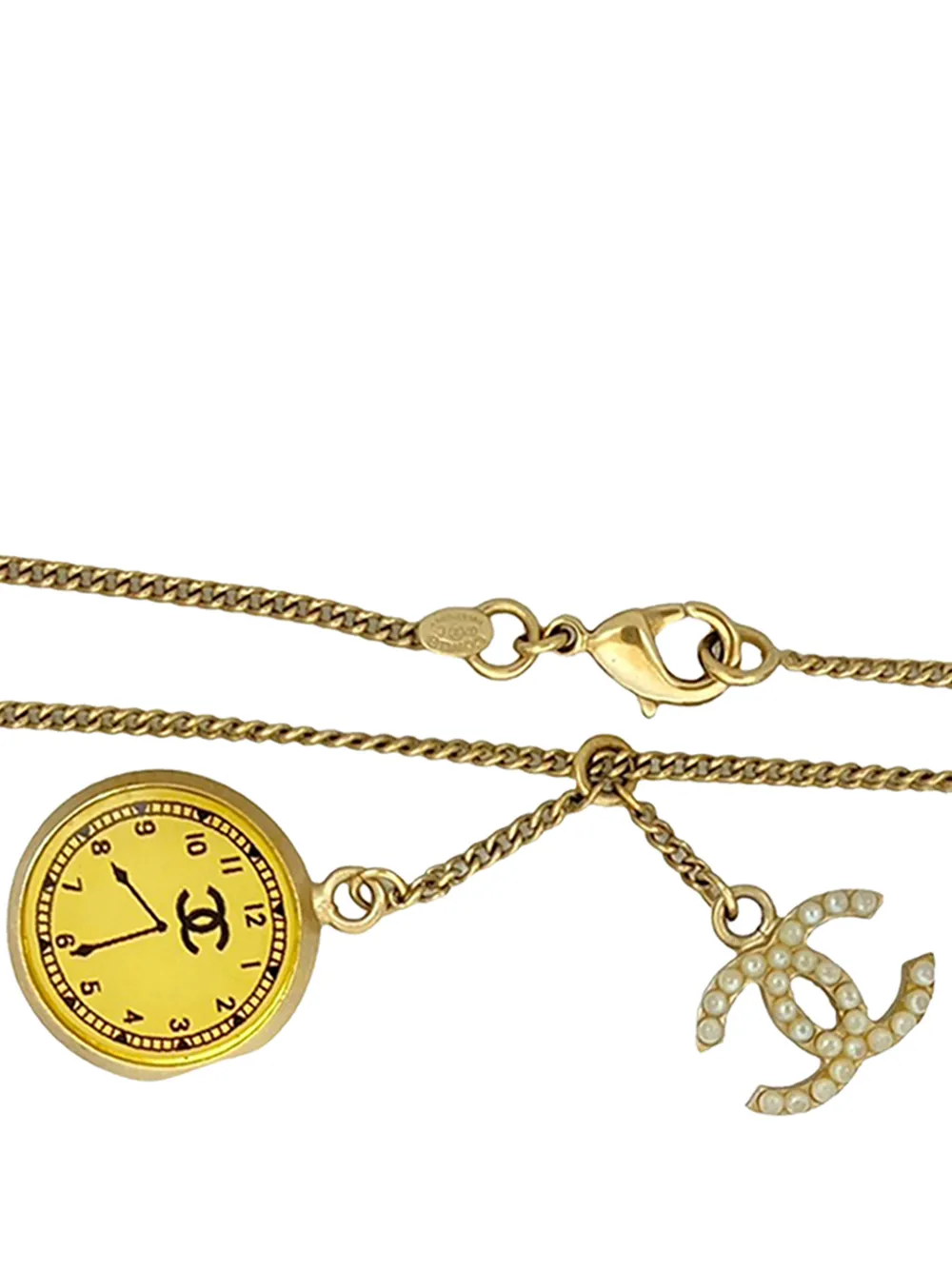 2007 Cc Gold Plated Faux Pearl Clock Pendant Necklace Costume Necklace
