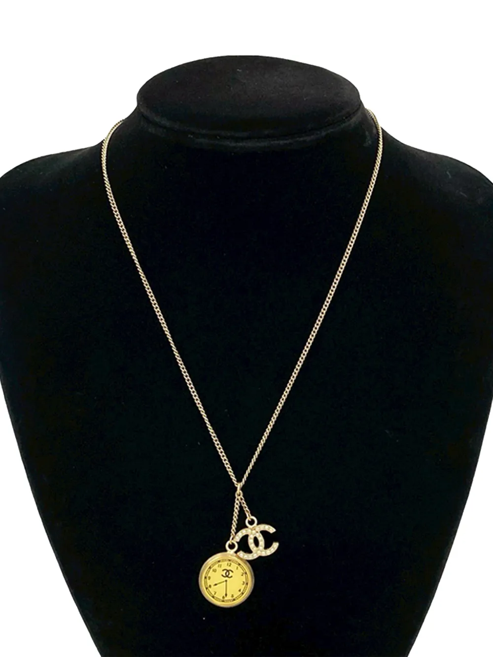 2007 Cc Gold Plated Faux Pearl Clock Pendant Necklace Costume Necklace