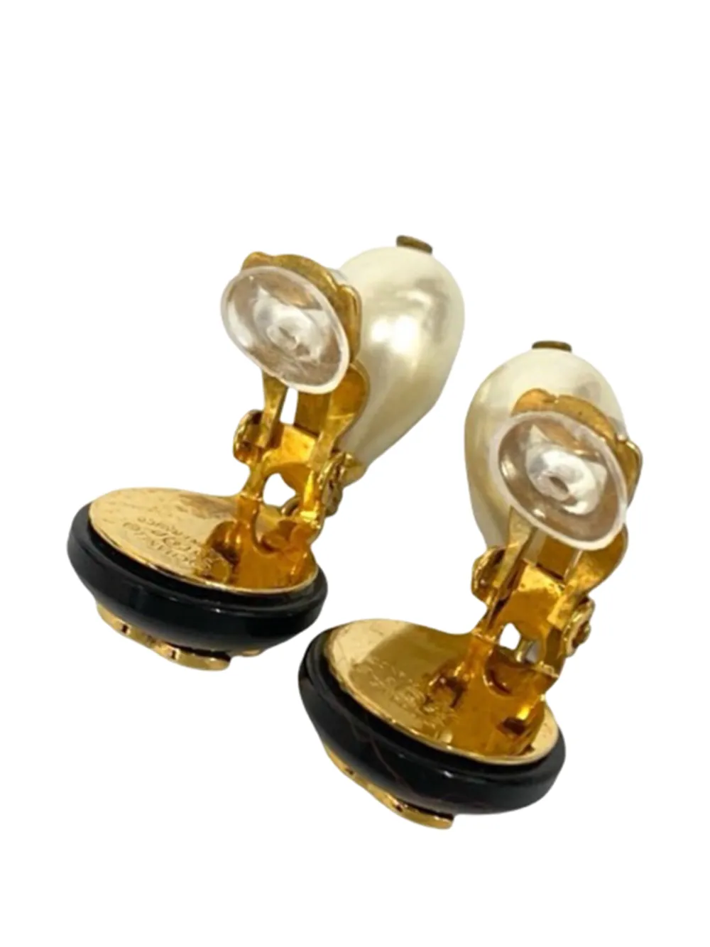1996 Cc Gold Plated Resin And Faux Pearl Drop Clip On Earrings Costume Earrings