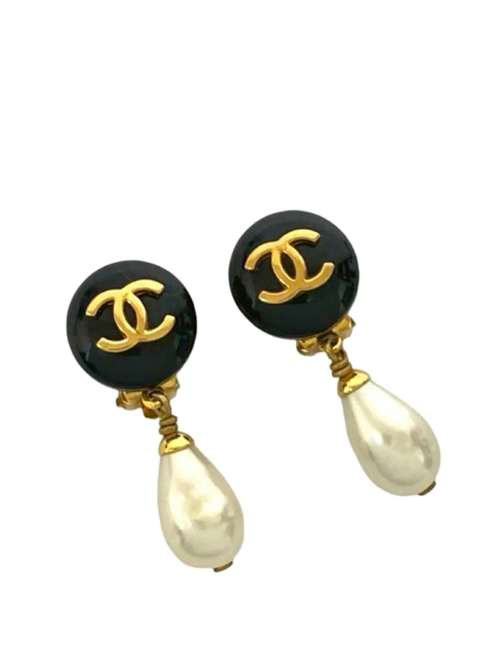CHANEL Pre-Owned 1996 CC Gold Plated Resin and Faux Pearl Drop Clip On Earrings costume earrings - Nero