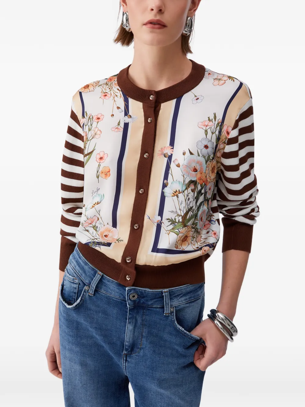 Striped Floral-Print Cardigan