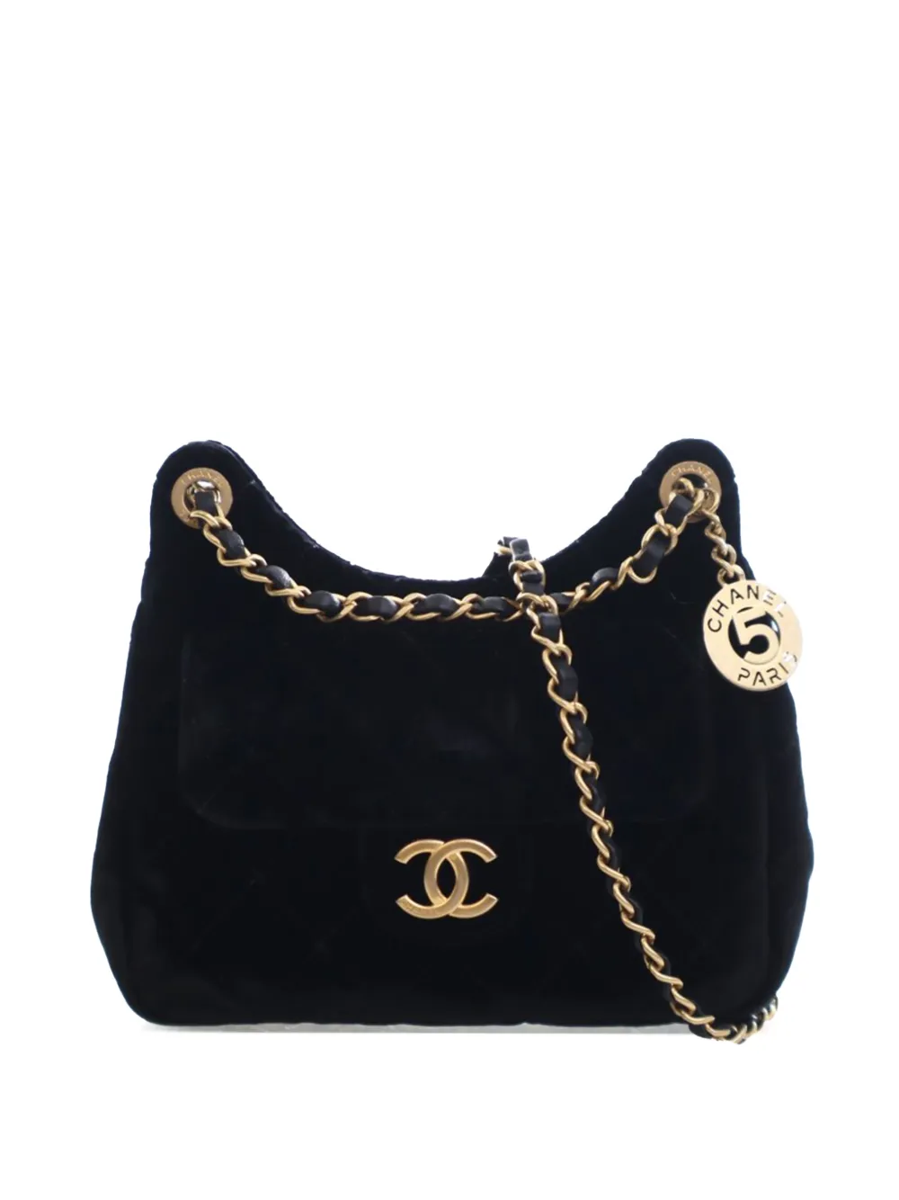 CHANEL Pre-Owned Borsa a tracolla Wavy CC in velluto trapuntato piccola 2021-2025 - Nero