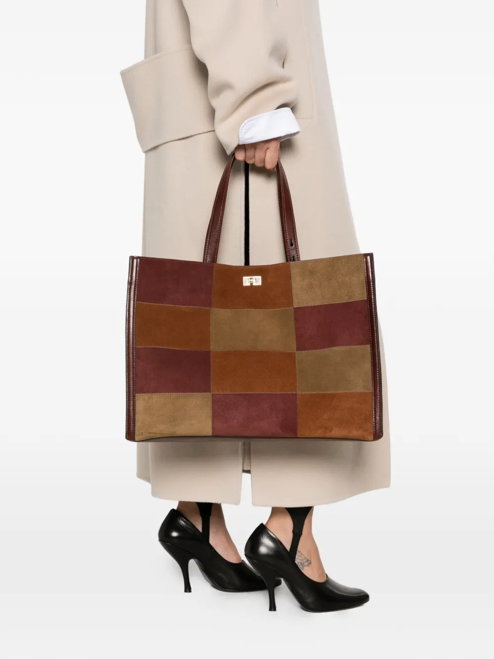 Anya Hindmarch Mortimer suède shopper met patchwork Bruin
