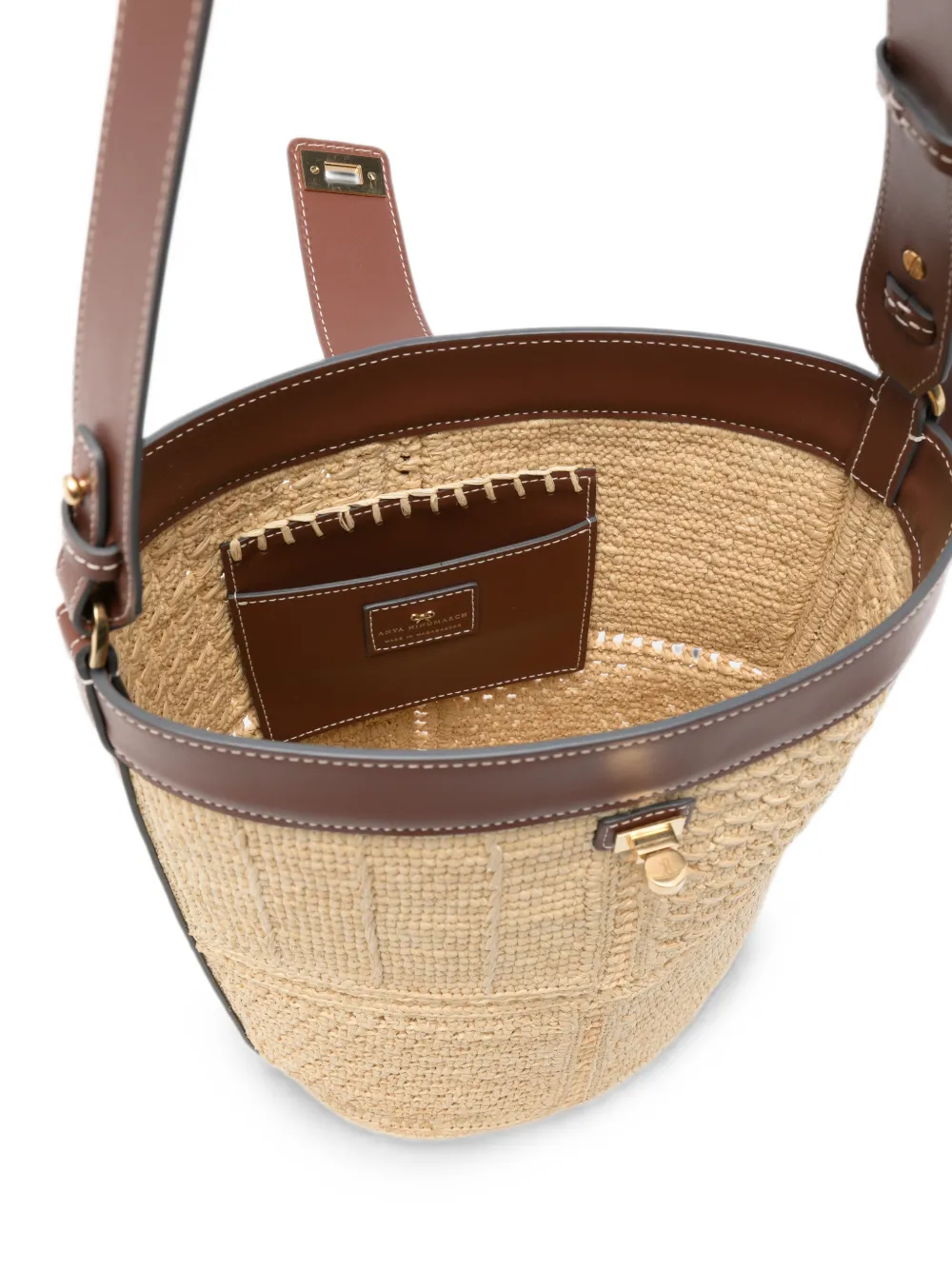 Anya Hindmarch Raffia bucket-tas met patchwork natuurlijk raffia en glad leer Beige