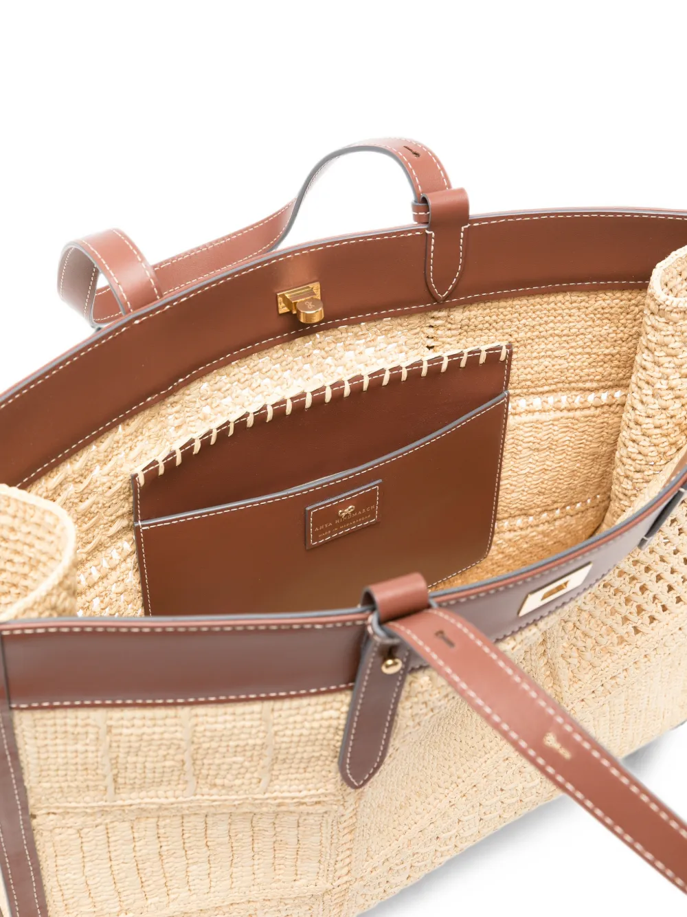 Anya Hindmarch Mortimer shopper met patchwork van natuurlijk raffia en glad leer Beige