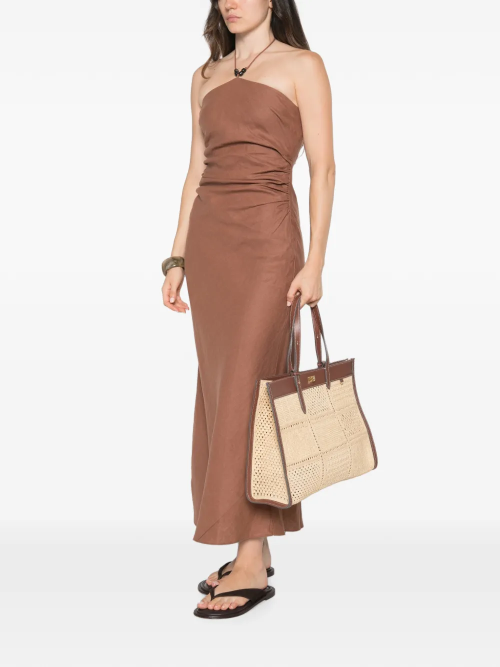 Anya Hindmarch Mortimer shopper met patchwork van natuurlijk raffia en glad leer Beige